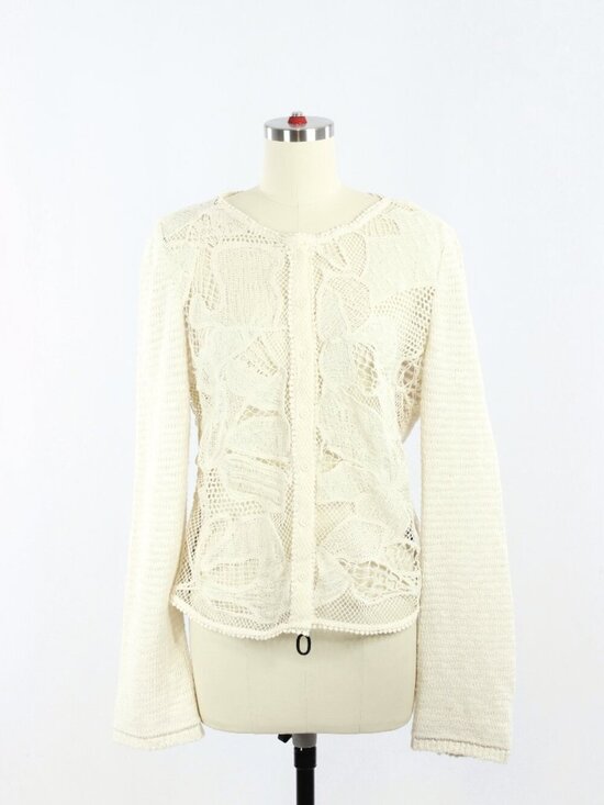 Zara Sweaters - ZARA Ecru Ivory Contrast Cotton Blend Lace Knit Cardigan Sweater, Size XL